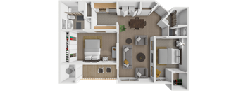 A 3D rendered image of a modern apartment layout.