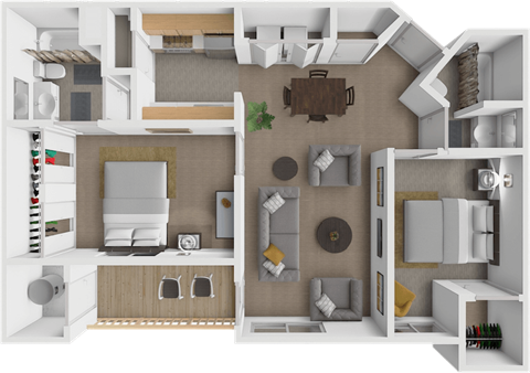 A 3D rendered image of a modern apartment layout.