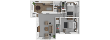 A 3D floor plan of a small apartment with a kitchen, living room, and bedroom.