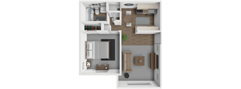 A 3D floor plan of a modern apartment with a kitchen, living room, and bathroom.