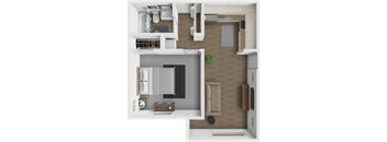 A top-down view of a modern apartment layout.