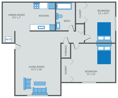 Two bedroom floor plan at NoRi Apartments