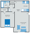 One bedroom floor plan at NoRi Apartments