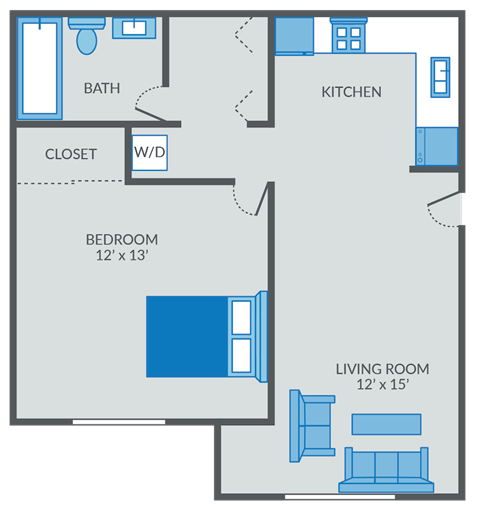 One bedroom floor plan at NoRi Apartments