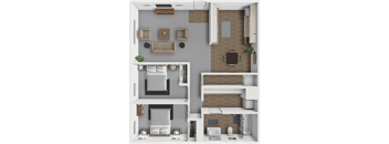 A 3D floor plan of a house with a living room, dining room, kitchen, and two bedrooms.