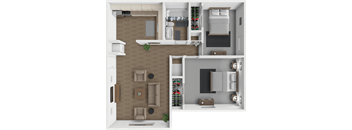 A 3D floor plan of a small apartment with a kitchen, living room, and bedroom.