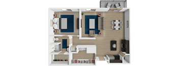 A 3D floor plan of a house with a kitchen, living room, and two bedrooms.