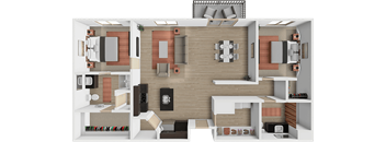 A 3D rendered image of a modern apartment layout.