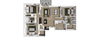 A 3D floor plan of a house with various rooms and furniture.