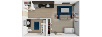 A top down view of a modern living room with a couch, a TV, and a plant.
