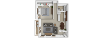 a conceptual rendering of a 1 bedroom apartment with a living room and a dining room