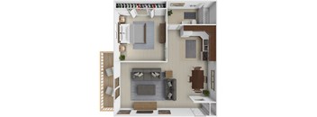 A top-down view of a modern apartment with a living room, kitchen, and dining area.