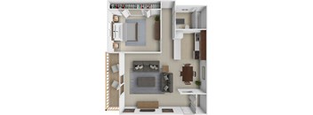 A top-down view of a modern apartment layout with a kitchen, living room, and dining area.