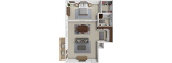 A 3D floor plan of a small apartment with a bedroom, living room, and kitchen.
