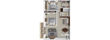 A 3D floor plan of a house with a living room, kitchen, and bedrooms.