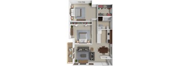 A 3D floor plan of a small apartment with a living room, kitchen, and bedrooms.