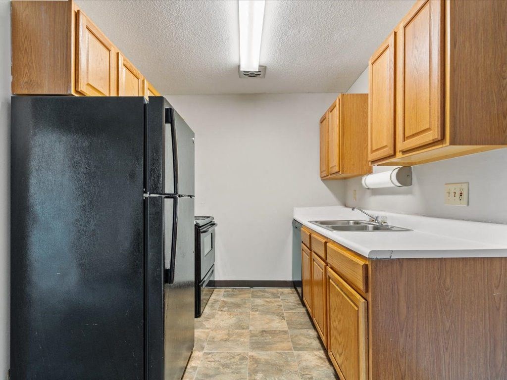 a kitchen with a black refrigerator and a sink