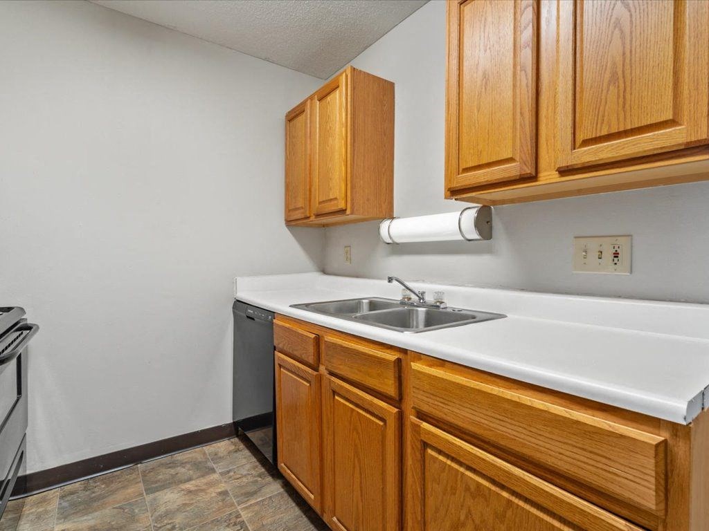 a kitchen with a sink and wooden cabinets