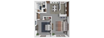 A top-down view of a modern apartment layout with a kitchen, living room, and bedrooms.