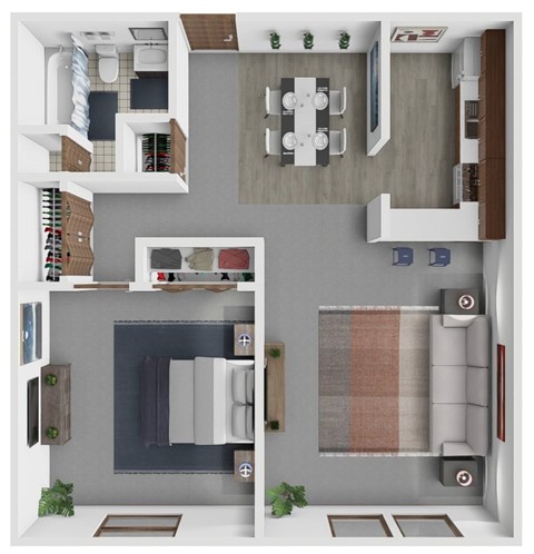 A top-down view of a modern apartment layout with a kitchen, living room, and bedrooms.
