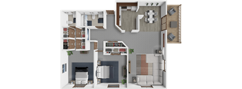A 3D floor plan of the Herring apartment floor plan with 2 bedrooms