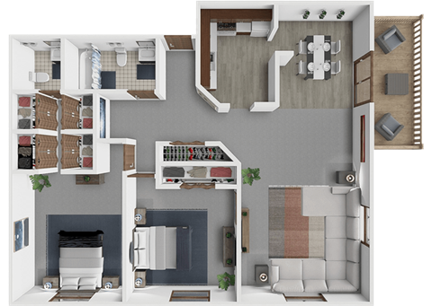 A 3D floor plan of the Herring apartment floor plan with 2 bedrooms