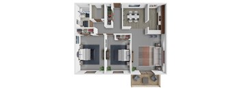 A 3D floor plan of a house showing the layout of the rooms.