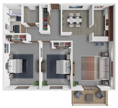 A 3D floor plan of a house showing the layout of the rooms.