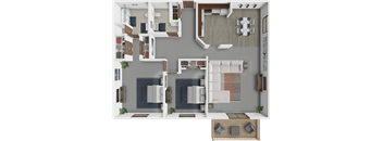 A floor plan of a 2 bedroom 1.5 bathroom apartment