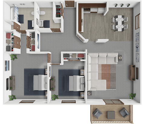 A floor plan of a 2 bedroom 1.5 bathroom apartment