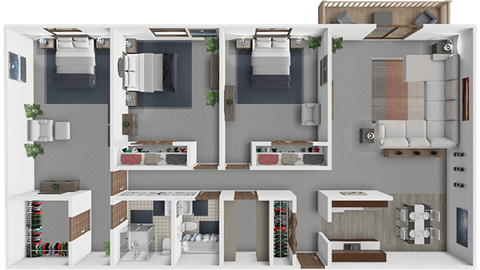 Large 3 bedroom apartment floor plan with 2 bathrooms