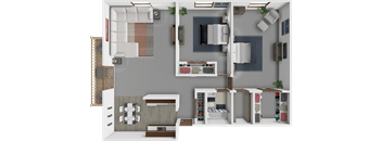 A 3D floor plan of a two bedroom trout apartment.