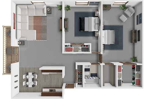 A 3D floor plan of a two bedroom trout apartment.