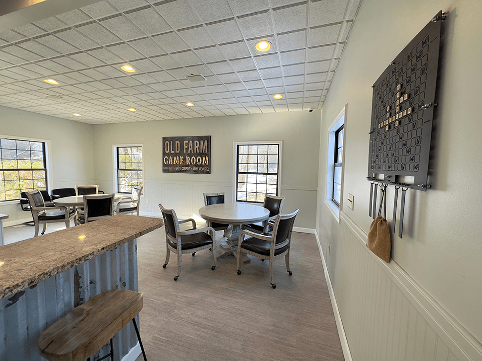 game room area in the clubhouse at old farm shores