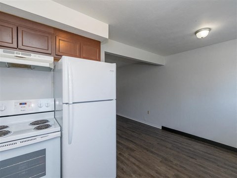 A white refrigerator and stove in a kitchen with wooden cabinets.