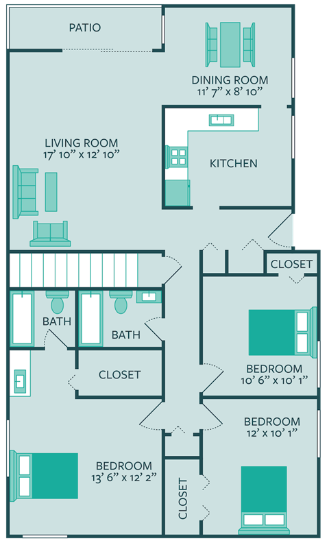 three bedroom two bathroom 1450 square feet floor plan