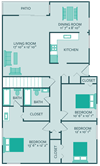 three bedroom two bathroom 1450 square feet floor plan