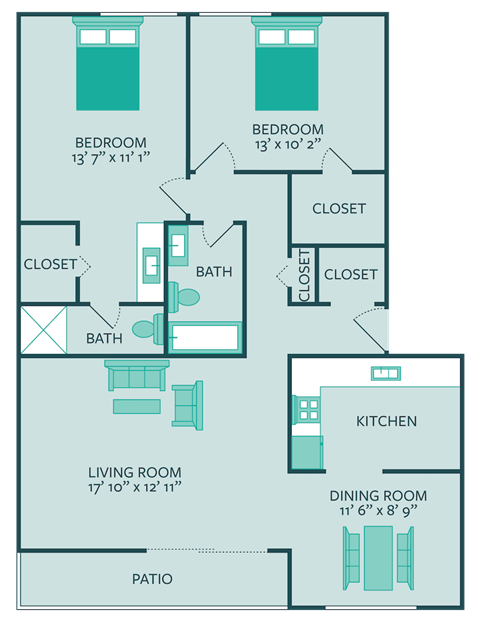 two bedroom 1.75 bathroom floor plan 1017 square feet