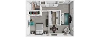 a 3d floor plan of a 1 bedroom 1 bathroom apartment that is 750 sq. ft.