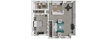 a 3d floor plan of a 1 bedroom 1 bathroom apartment that is 950 sq. ft.
