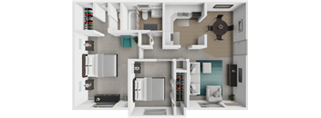 3d Floor plan for a 2 bedroom 1.5 bathroom apartment