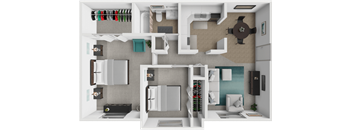 A 3D floor plan for a 2 bedroom 1 bathroom home