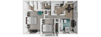 A 3D floor plan for a 2 bedroom 2 bathroom home with 1300 square feet.