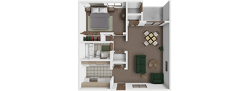 A 3D rendered image of a small apartment layout.