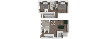A floor plan of a two-bedroom apartment with a living room, kitchen, and bathroom.