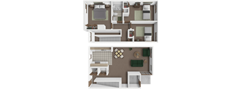 A 3D floor plan of a house with two bedrooms, a living room, a kitchen, and a bathroom.
