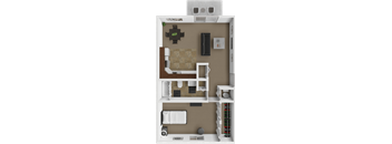 A 3D rendered image of a small apartment layout.