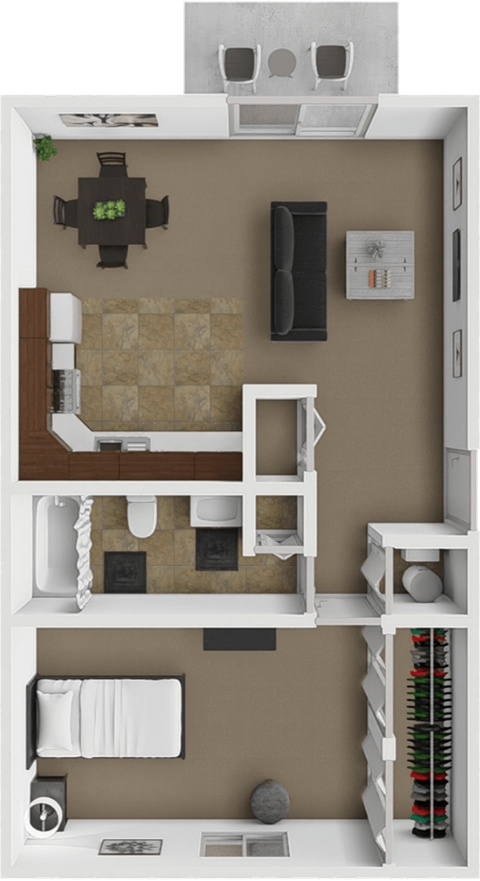 A 3D rendered image of a small apartment layout.
