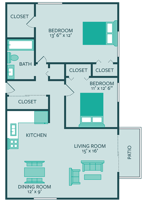 two bed one bath apartment floor plan at forest park apartments