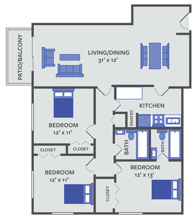 3 bedroom 2 bath apartment floor plan